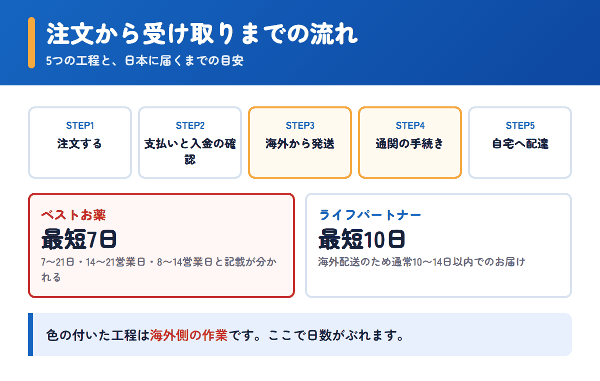 ベストお薬とライフパートナーの注文から受け取りまでの流れと日数の目安