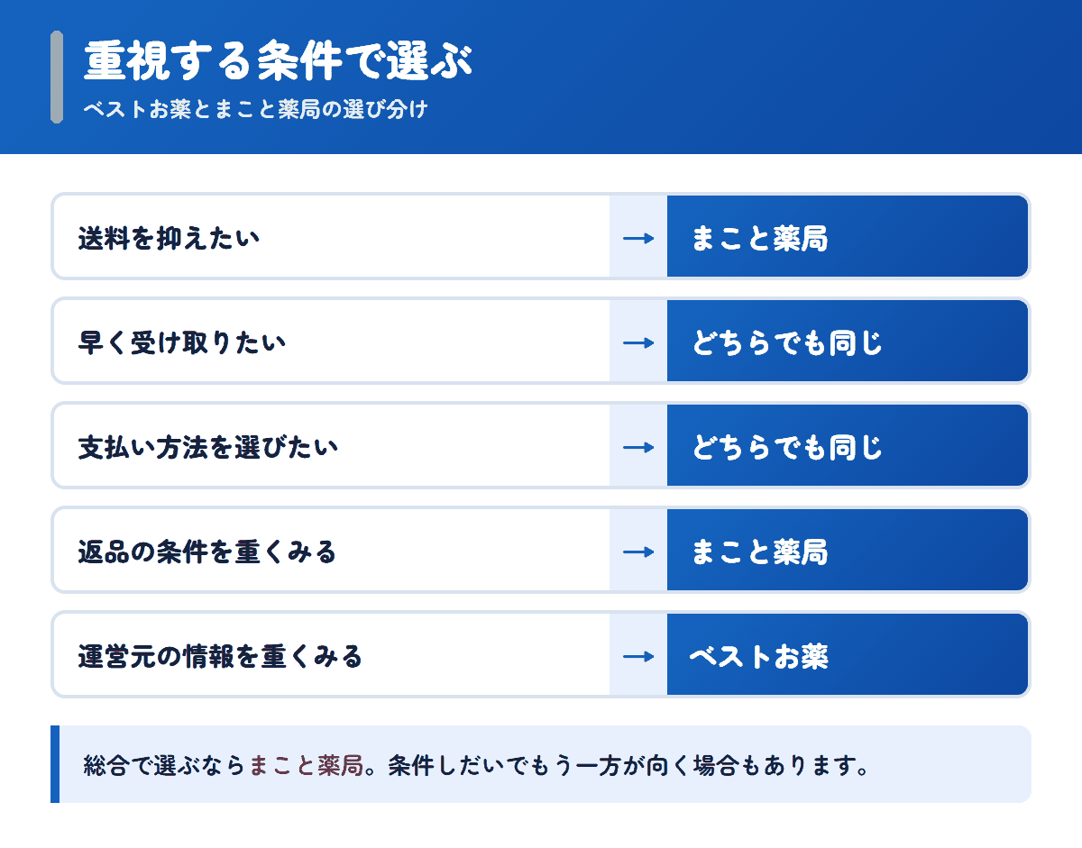 ベストお薬とまこと薬局を重視する条件で選び分けるフロー図