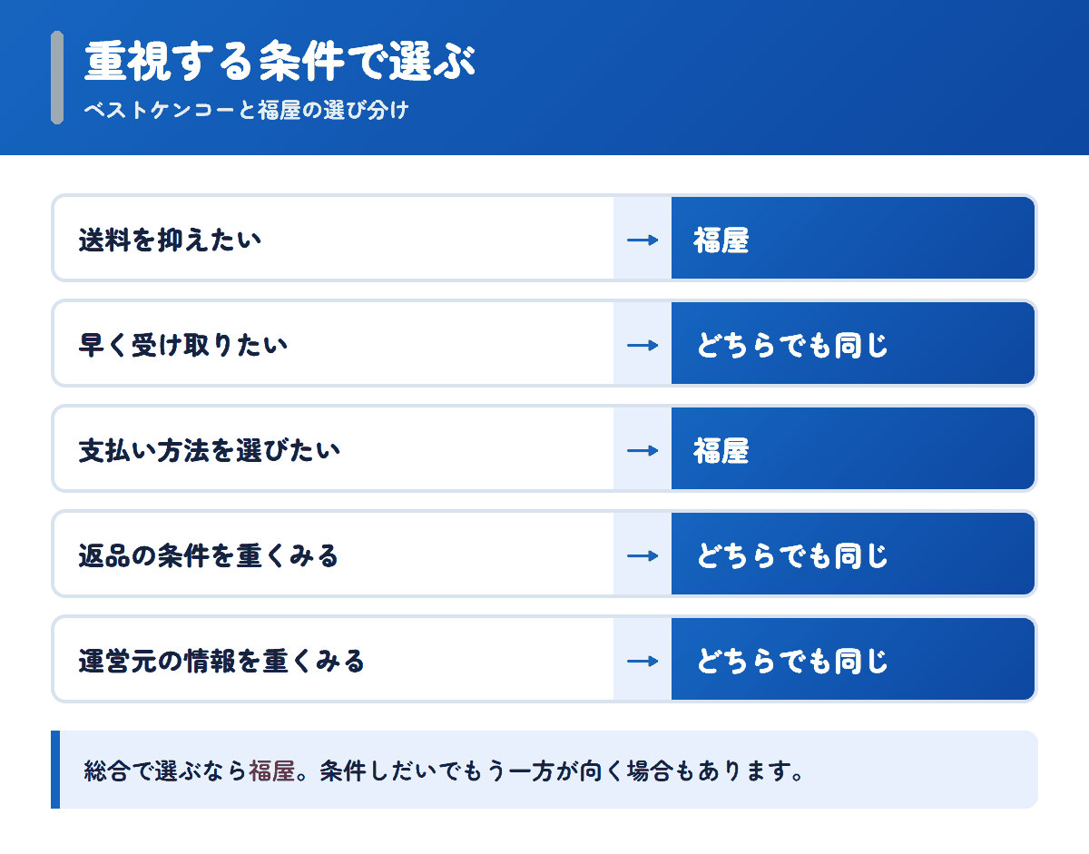 ベストケンコーと福屋を重視する条件で選び分けるフロー図