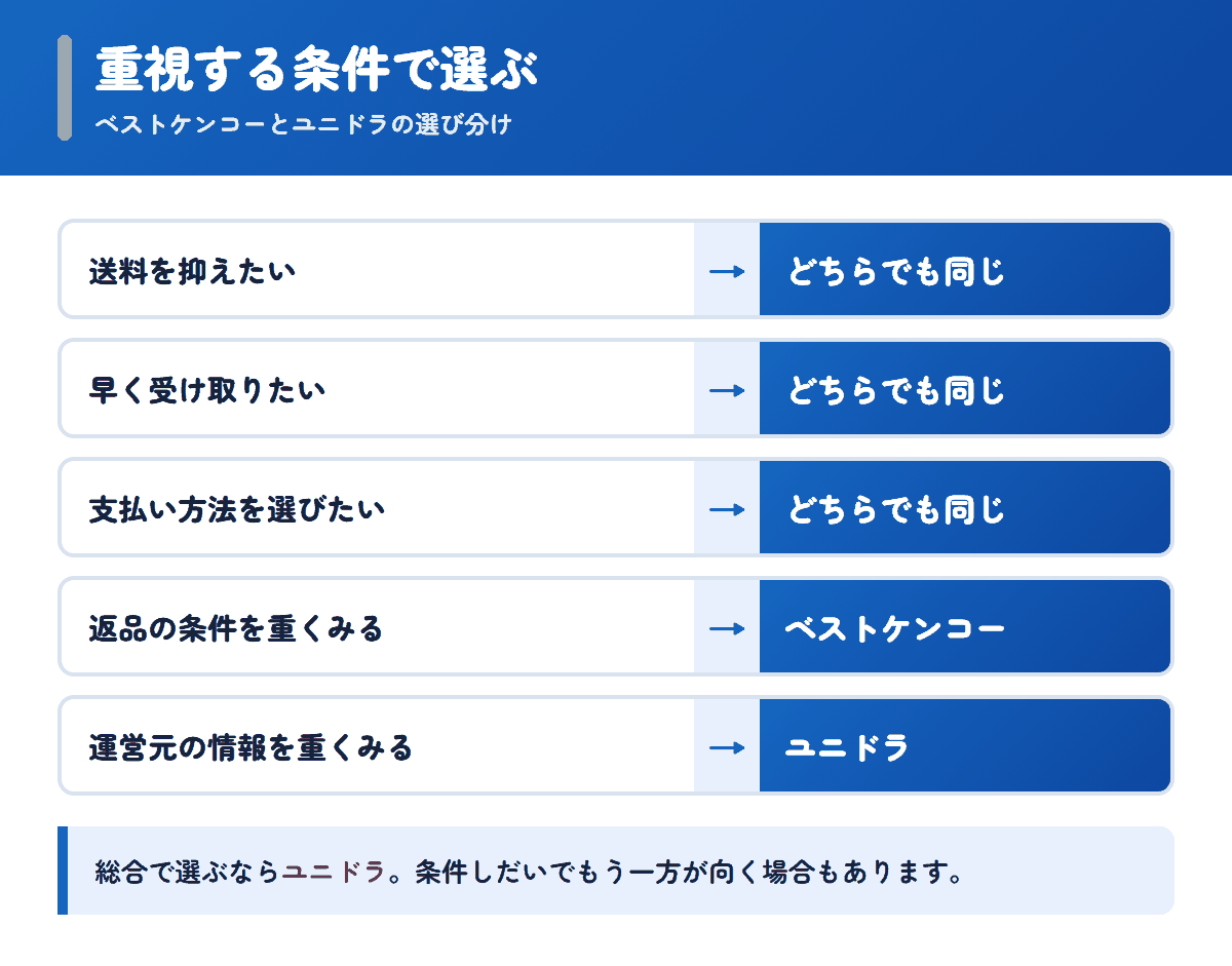 ベストケンコーとユニドラを重視する条件で選び分けるフロー図