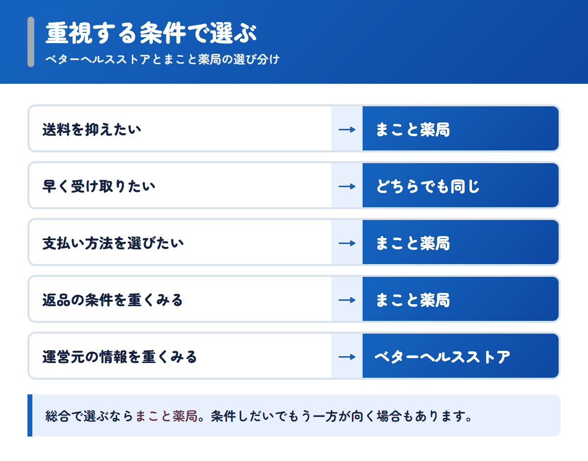 ベターヘルスストアとまこと薬局を重視する条件で選び分けるフロー図