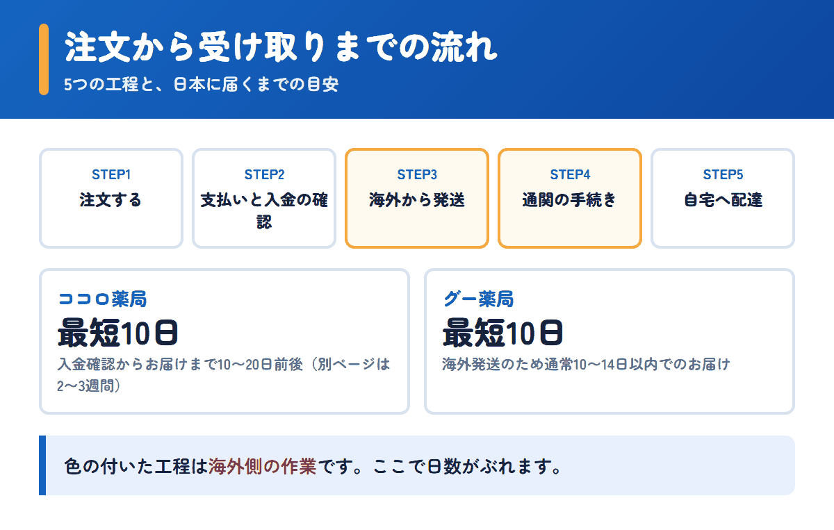 ココロ薬局とグー薬局の注文から受け取りまでの流れと日数の目安