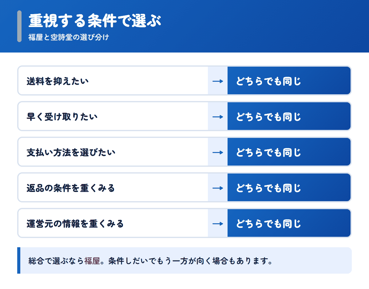 福屋と空詩堂を重視する条件で選び分けるフロー図