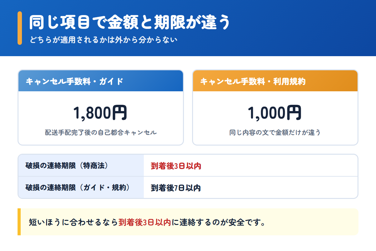 ジェネマートのキャンセル手数料と返品連絡期限がページで異なることを示した比較