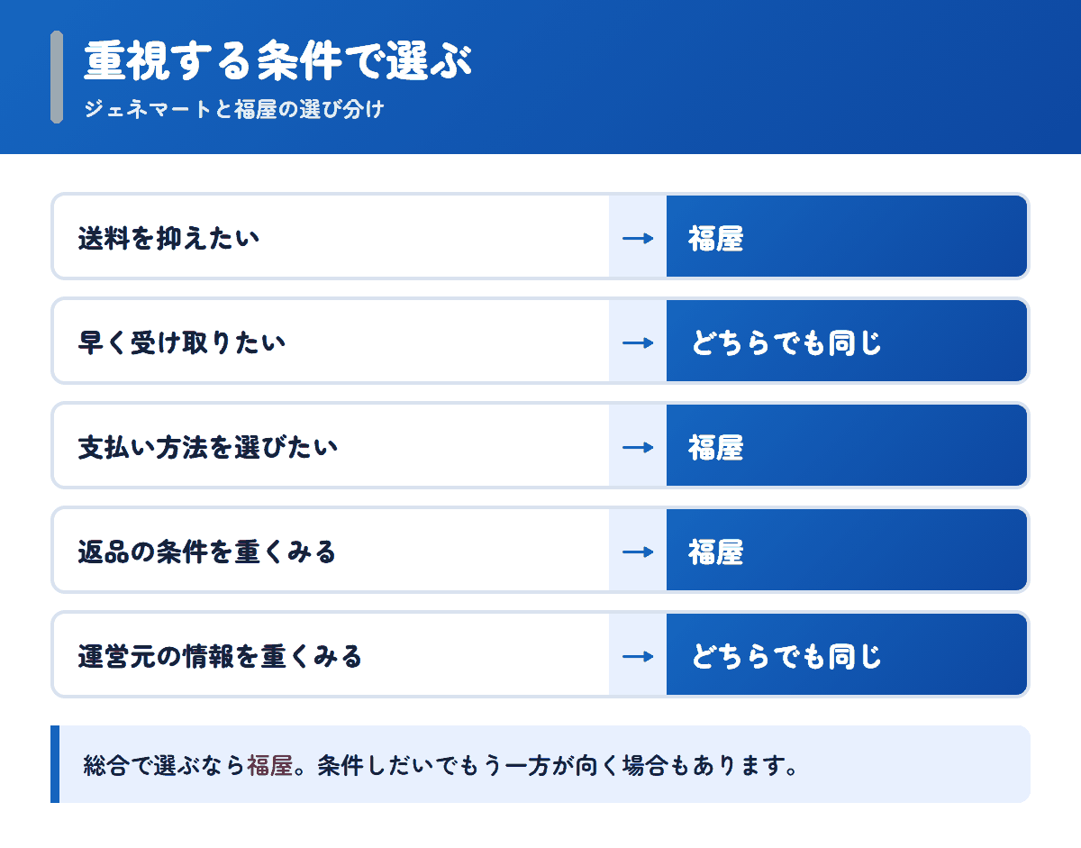 ジェネマートと福屋を重視する条件で選び分けるフロー図
