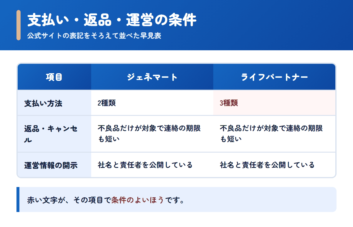 ジェネマートとライフパートナーの支払い方法・返品条件・運営情報を並べた早見表