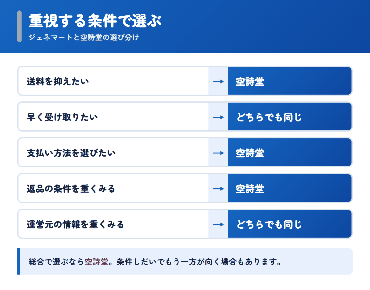 ジェネマートと空詩堂を重視する条件で選び分けるフロー図