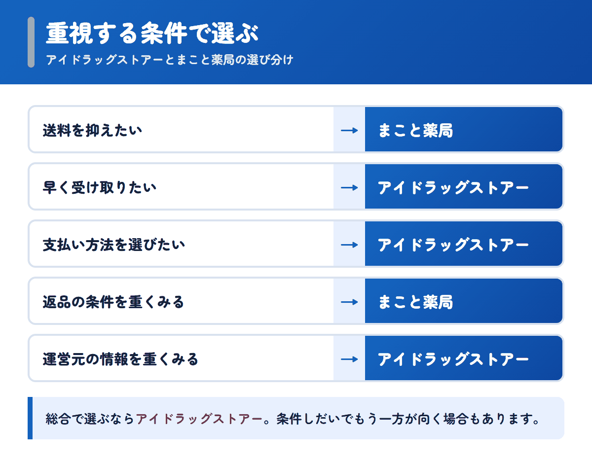 アイドラッグストアーとまこと薬局を重視する条件で選び分けるフロー図