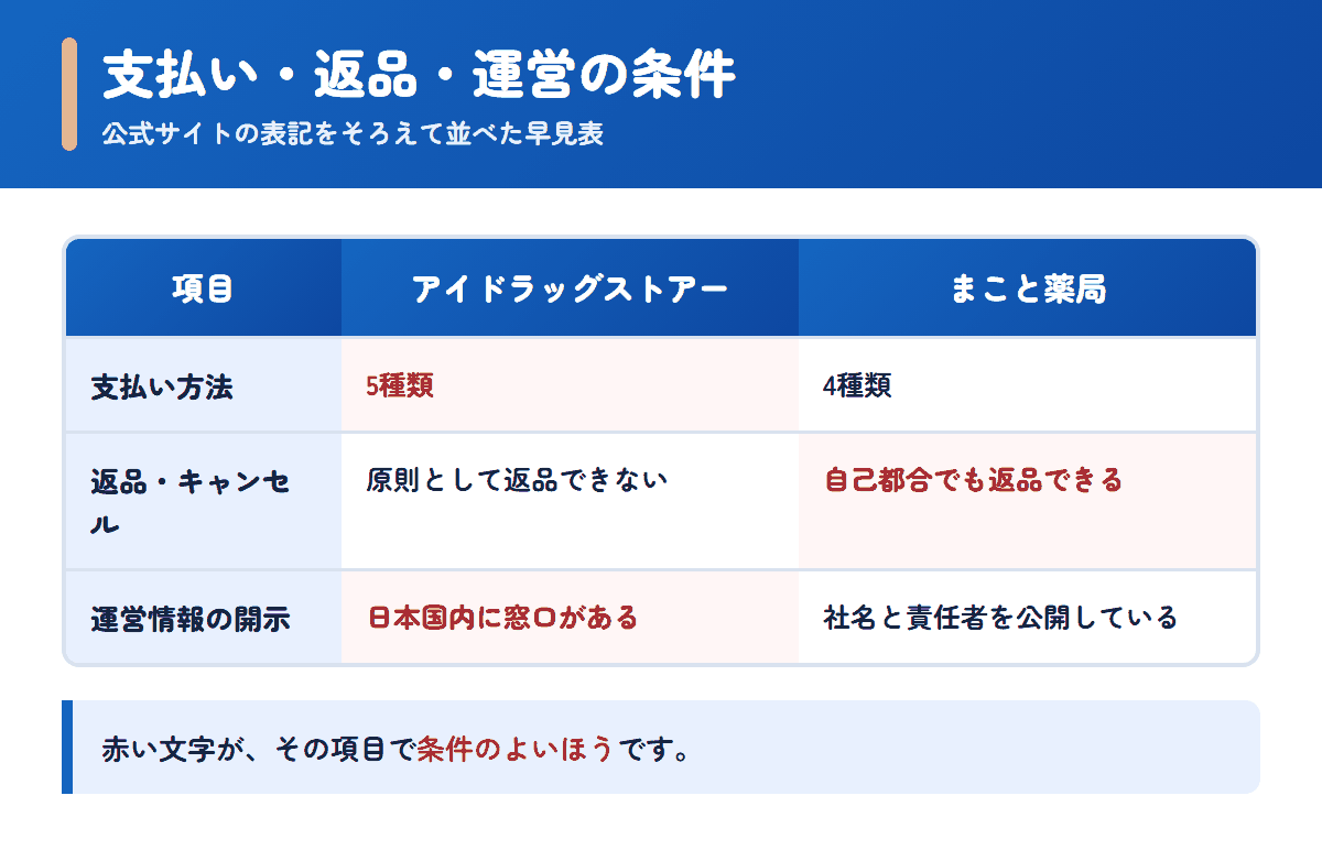 アイドラッグストアーとまこと薬局の支払い方法・返品条件・運営情報を並べた早見表