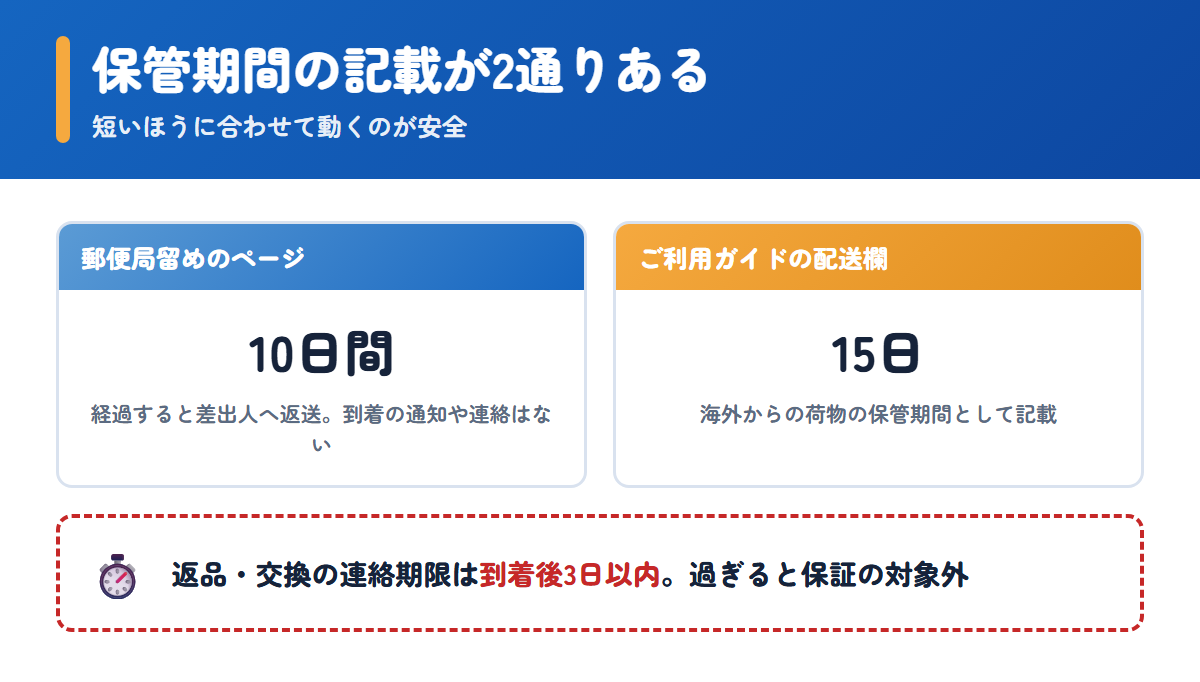 イエカラ薬局の郵便局留めの保管期間がページによって異なることを示した比較