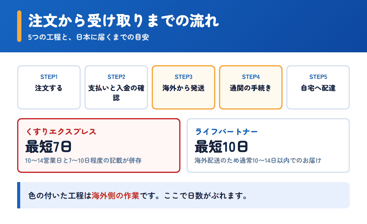 くすりエクスプレスとライフパートナーの注文から受け取りまでの流れと日数の目安