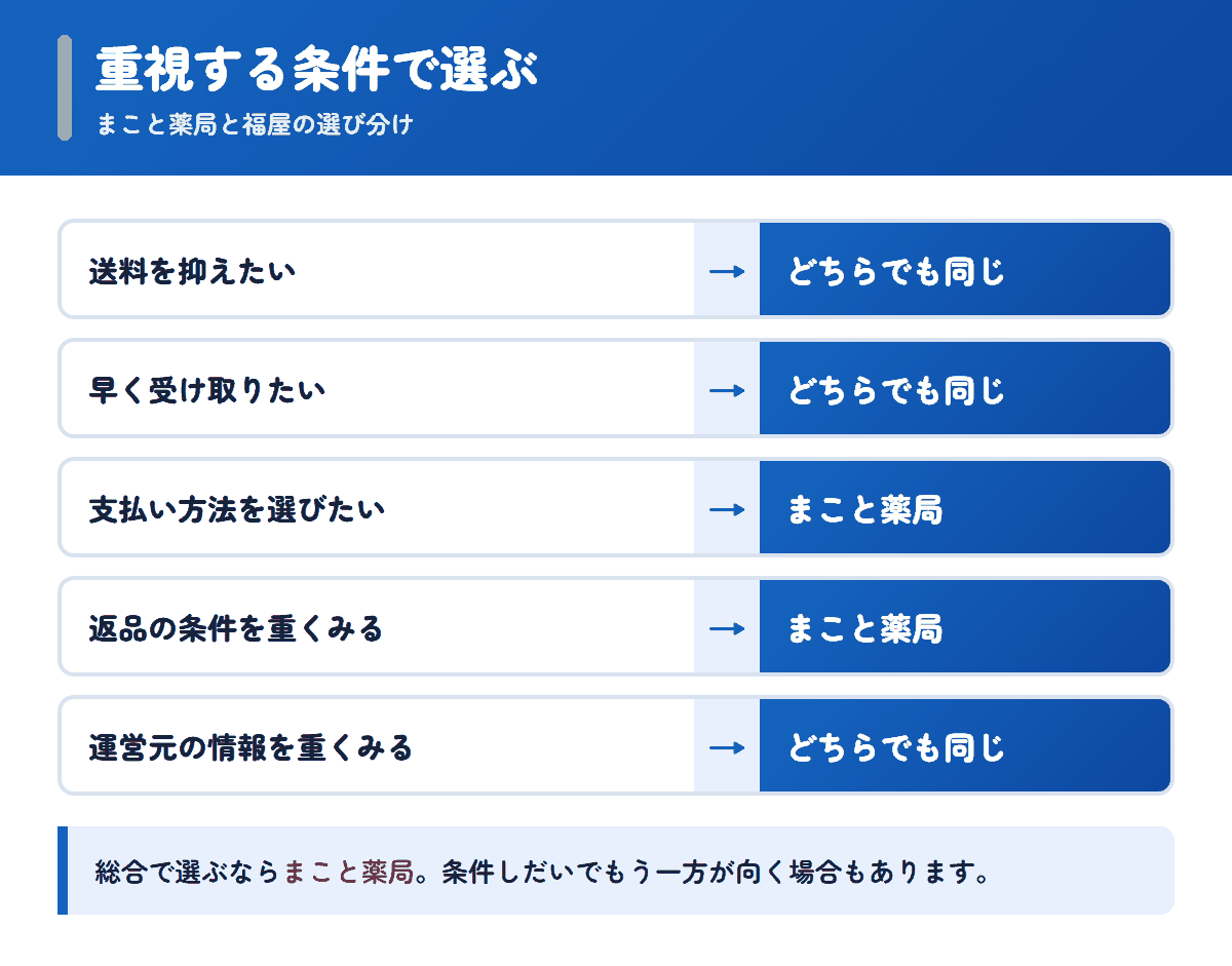 まこと薬局と福屋を重視する条件で選び分けるフロー図