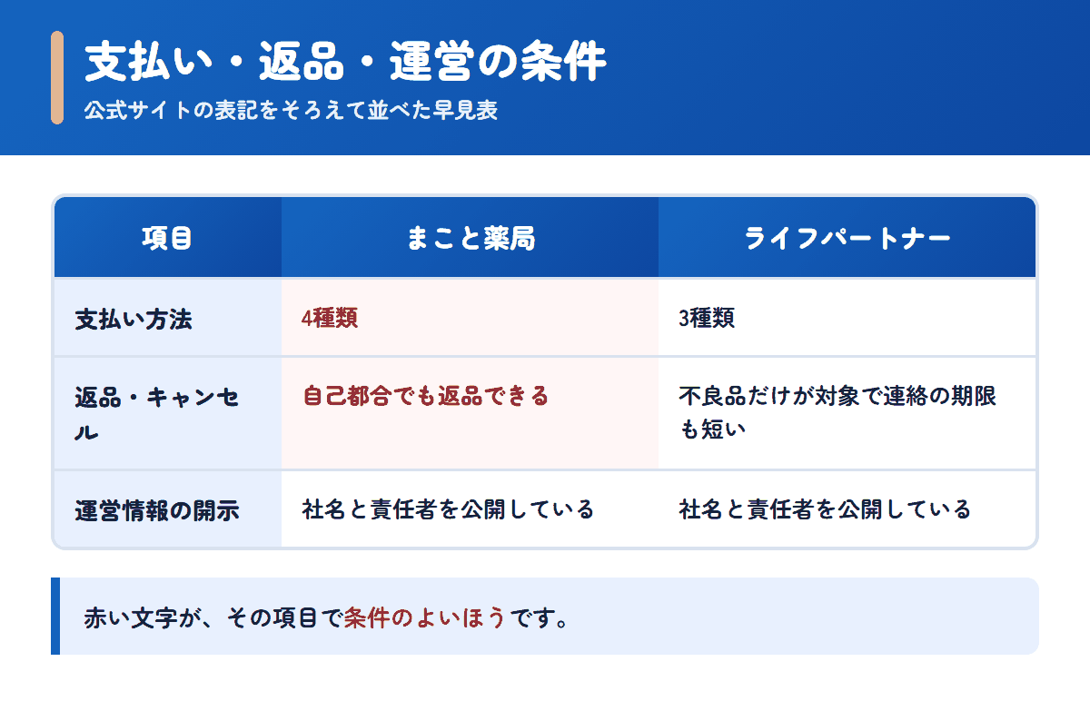 まこと薬局とライフパートナーの支払い方法・返品条件・運営情報を並べた早見表