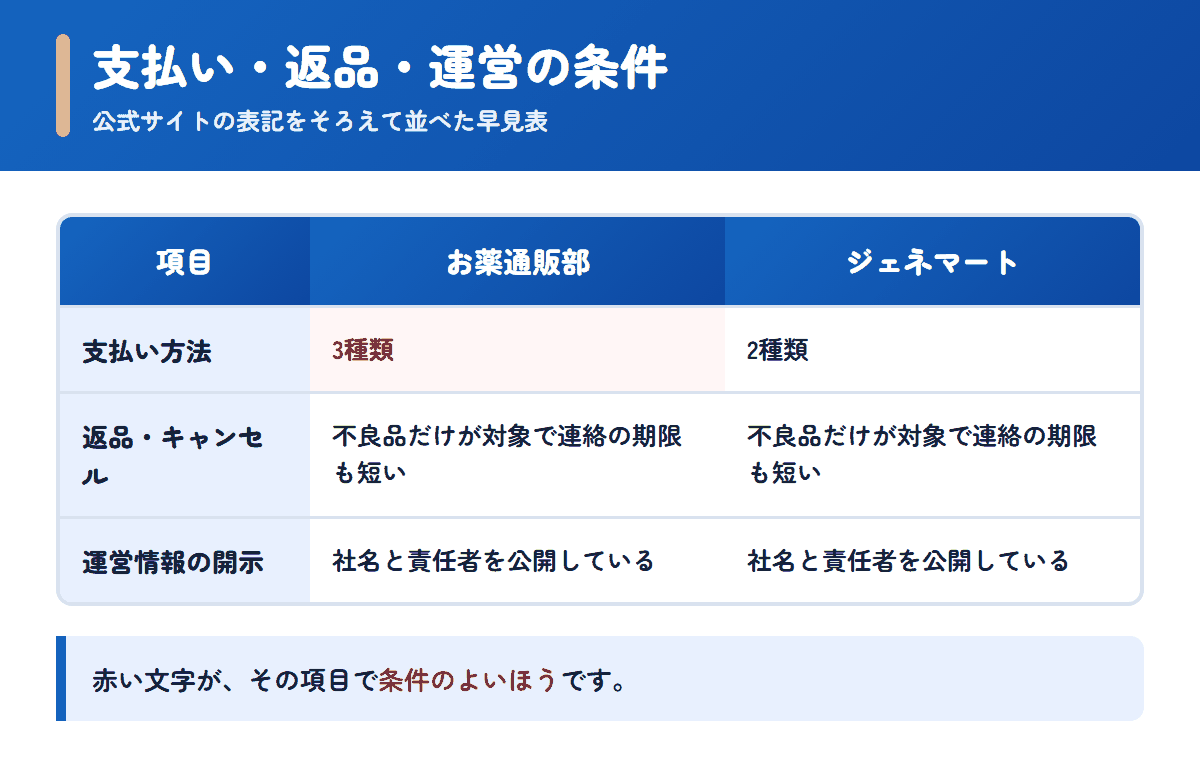 お薬通販部とジェネマートの支払い方法・返品条件・運営情報を並べた早見表