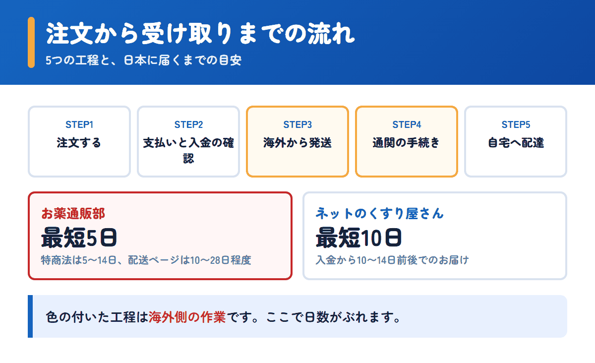 お薬通販部とネットのくすり屋さんの注文から受け取りまでの流れと日数の目安