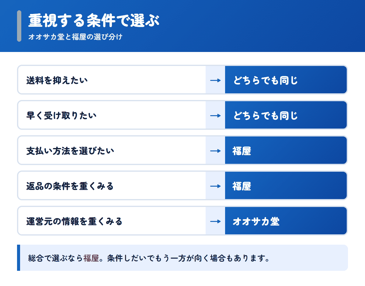 オオサカ堂と福屋を重視する条件で選び分けるフロー図