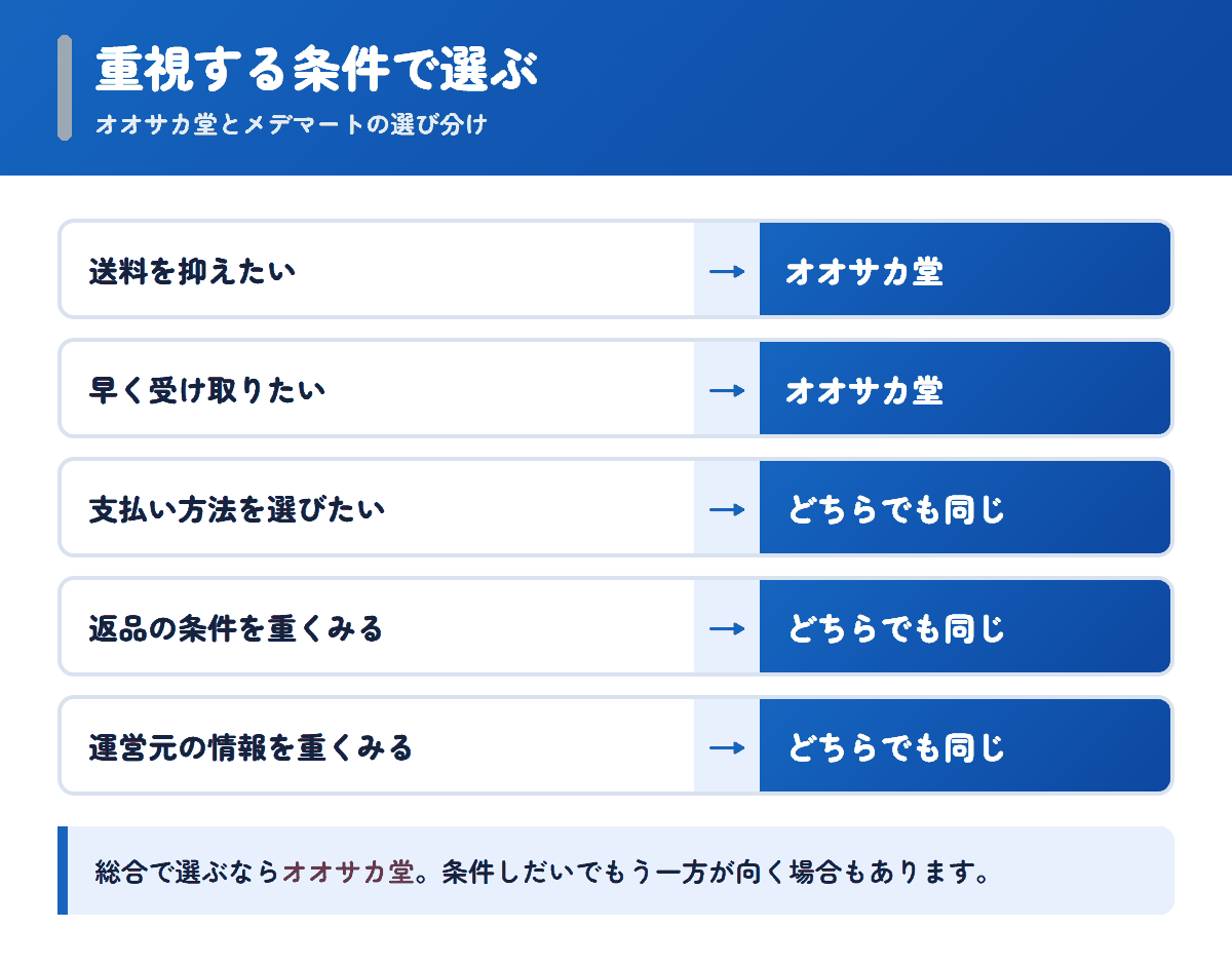 オオサカ堂とメデマートを重視する条件で選び分けるフロー図