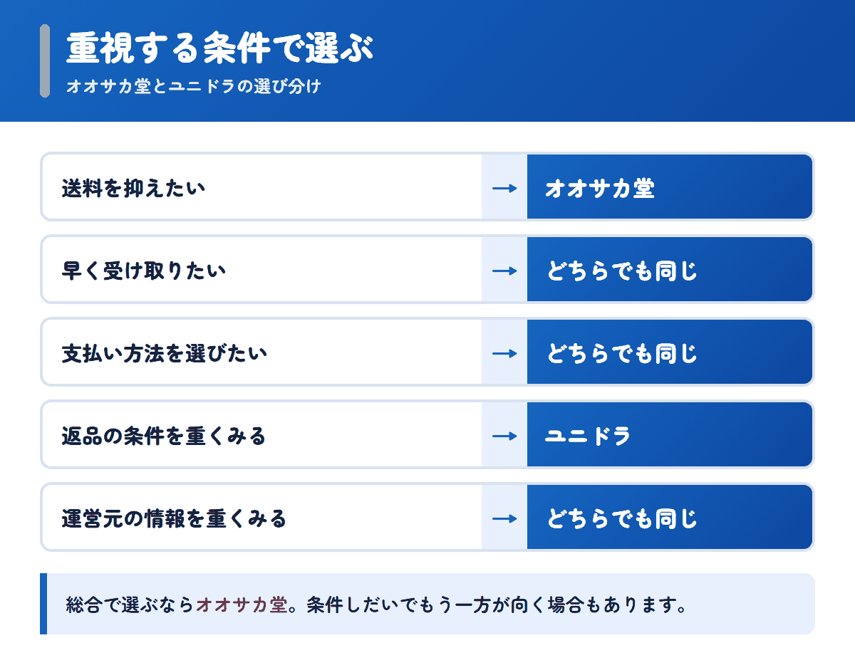 オオサカ堂とユニドラを重視する条件で選び分けるフロー図