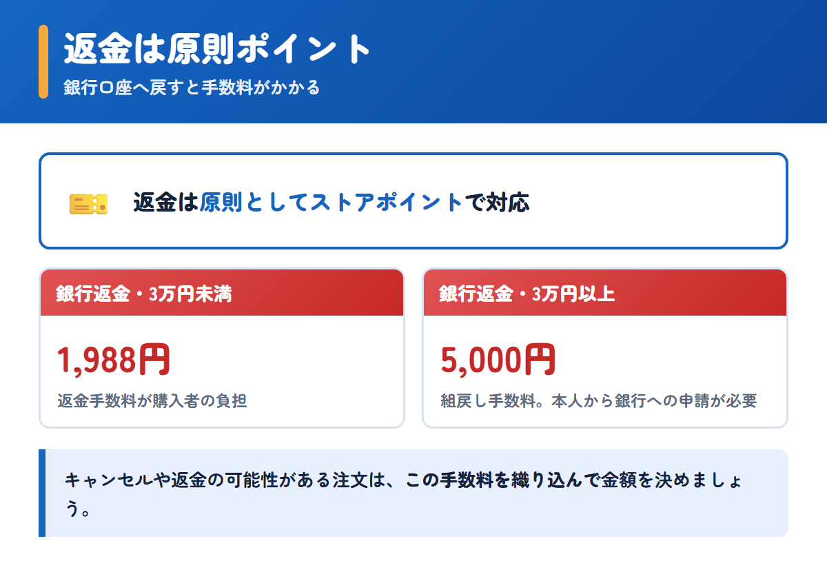 ユニドラの返金は原則ポイントで、銀行返金にかかる手数料の金額