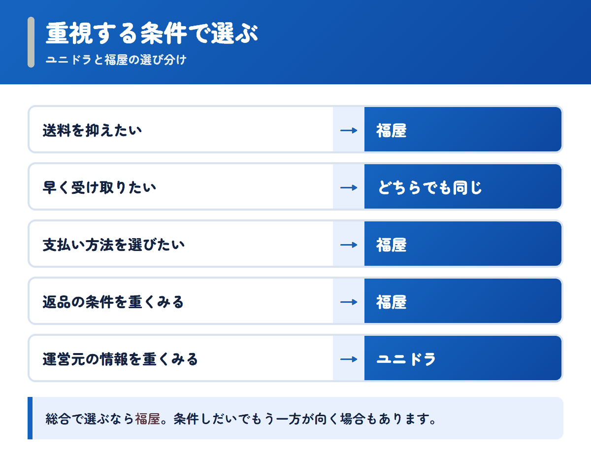 ユニドラと福屋を重視する条件で選び分けるフロー図