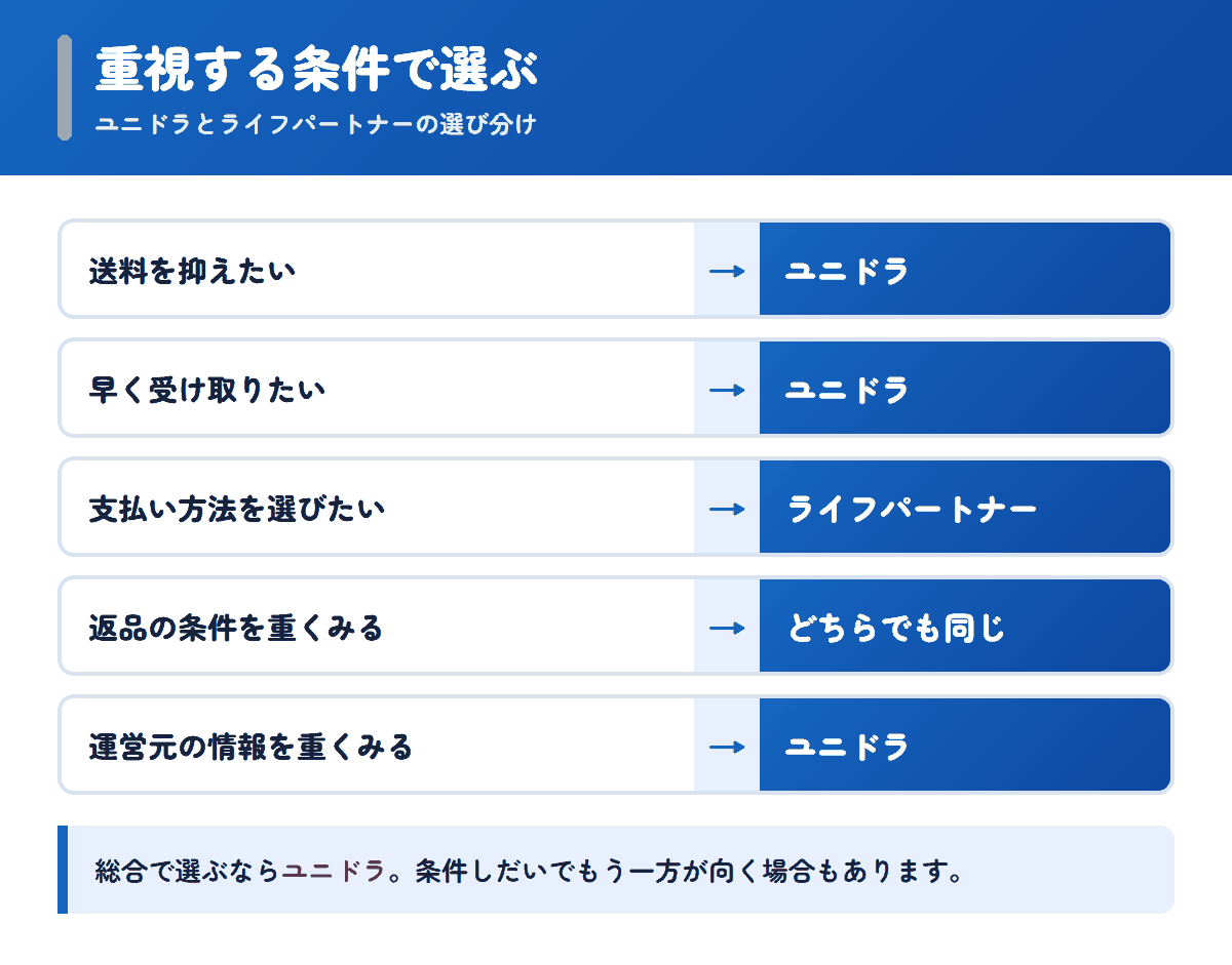 ユニドラとライフパートナーを重視する条件で選び分けるフロー図