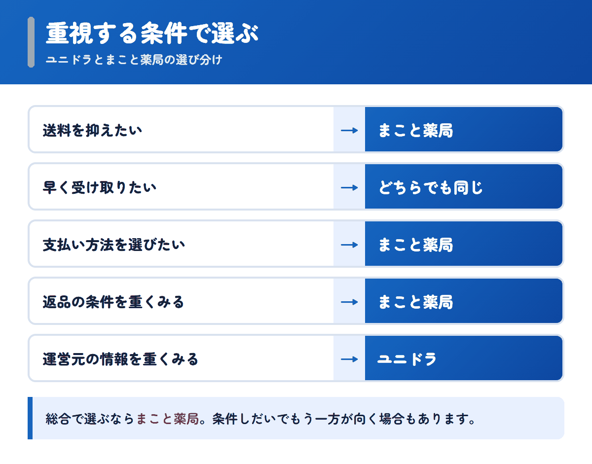 ユニドラとまこと薬局を重視する条件で選び分けるフロー図